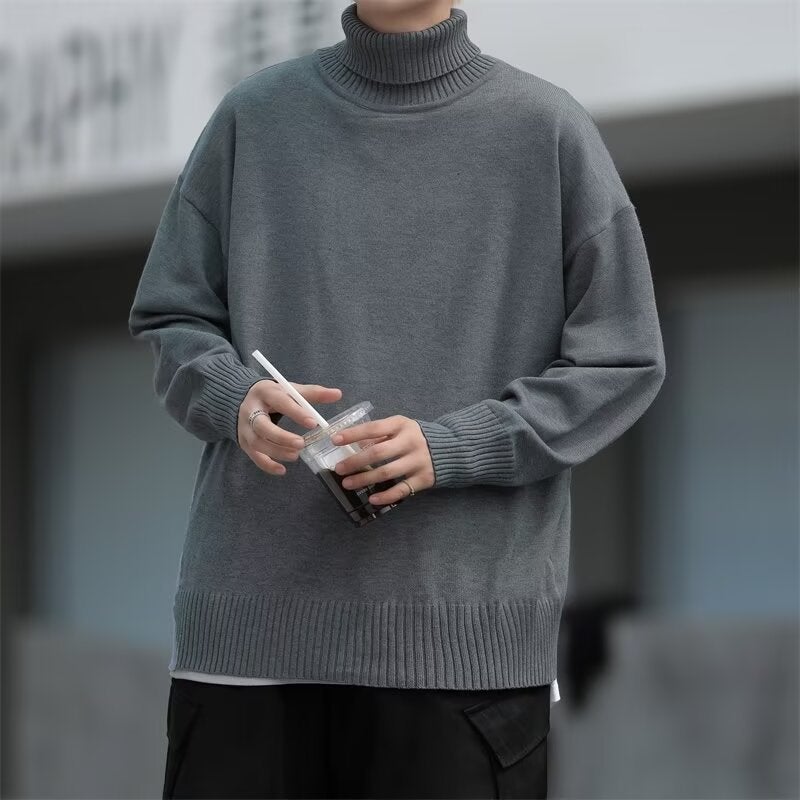 New Turtleneck Black Sweater Men'S Winter Thickened Loose Lazy Style Base Shirt Solid Color Inner Knitted Sweater For Men - Image 1
