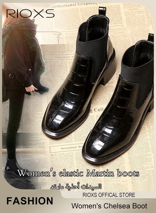 RIOXS Women's Chelsea Boot, Fashion PU Leather Short Patent Leather Boots, Elastic Low Flat Boots, Waterproof Ankle Garden Shoes, Rain Boots For Wpmen, Anti Slip Slip On Boots, Ladies Stylish Lightlight Chelsea Booties, Women's Rain Footwear - Image 2