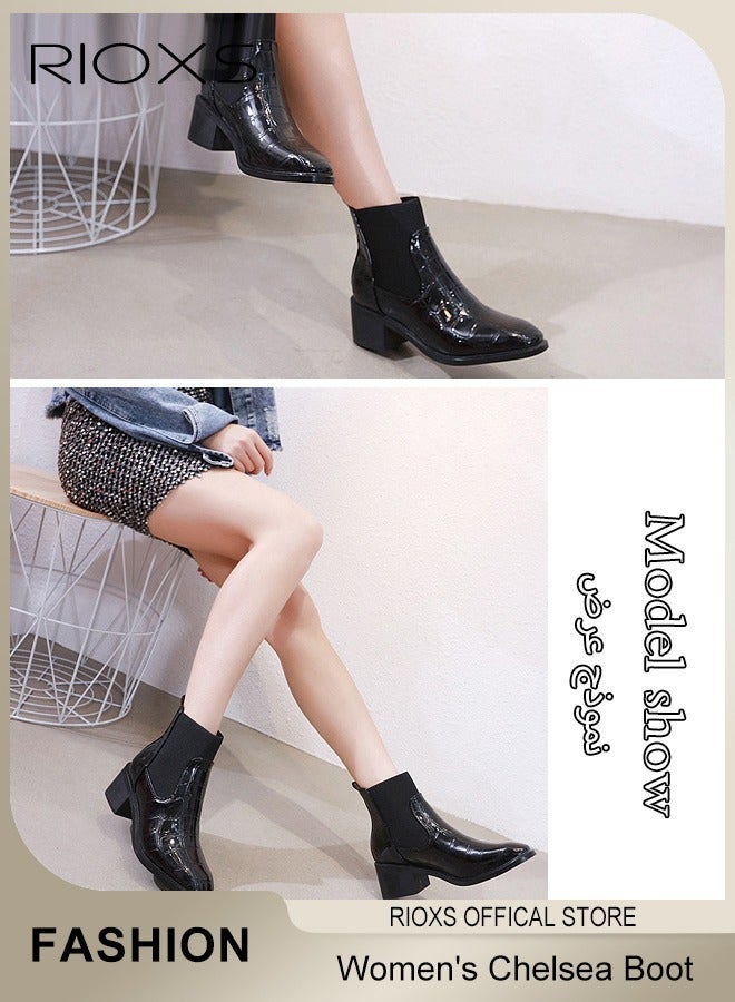 RIOXS Women's Chelsea Boot, Fashion PU Leather Short Patent Leather Boots, Elastic Low Flat Boots, Waterproof Ankle Garden Shoes, Rain Boots For Wpmen, Anti Slip Slip On Boots, Ladies Stylish Lightlight Chelsea Booties, Women's Rain Footwear - Image 1