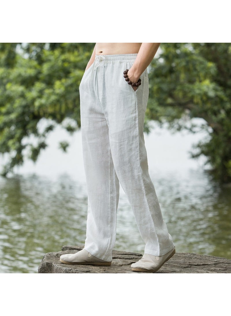 Generic - Loose Fit Linen Mens Pants Straight Leg Summer Thin Cotton Linen Casual Trousers Vintage Style Breathable Sweat Absorbent White - Image 1