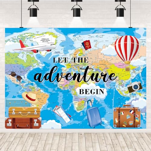 BUTEN Adventure Awaits Backdrop Travel Theme Photography Backdrop Let The Adventure Begin Banner World Map Graduation Travel Birthday Baby Shower Party Decorations Background (7X5FT(82x59inch)) - Image 5