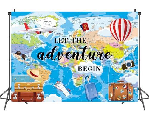 BUTEN Adventure Awaits Backdrop Travel Theme Photography Backdrop Let The Adventure Begin Banner World Map Graduation Travel Birthday Baby Shower Party Decorations Background (7X5FT(82x59inch)) - Image 2