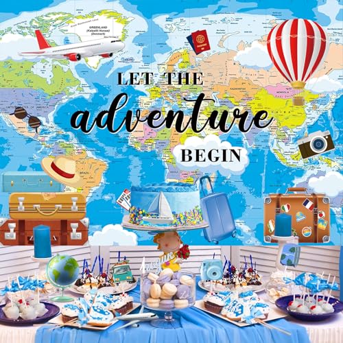 BUTEN Adventure Awaits Backdrop Travel Theme Photography Backdrop Let The Adventure Begin Banner World Map Graduation Travel Birthday Baby Shower Party Decorations Background (7X5FT(82x59inch)) - Image 4