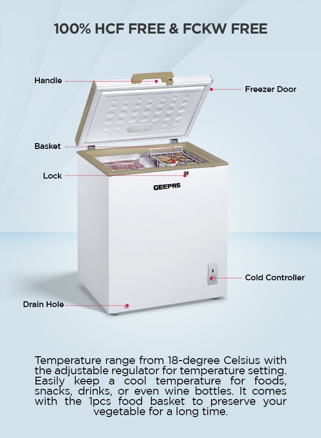 GEEPAS Chest Freezer With Adjustable Thermostat/Portable Food Basket/Compact Refrigerator With LED Light, Lock & Key 145 L 115 W GCF1709WSH White - Image 2