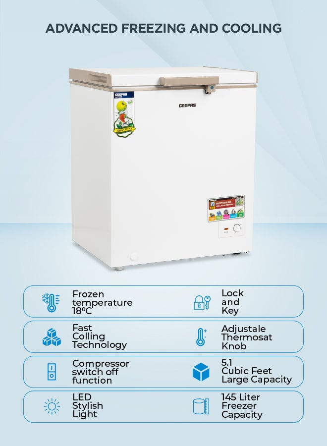 GEEPAS Chest Freezer With Adjustable Thermostat/Portable Food Basket/Compact Refrigerator With LED Light, Lock & Key 145 L 115 W GCF1709WSH White - Image 3