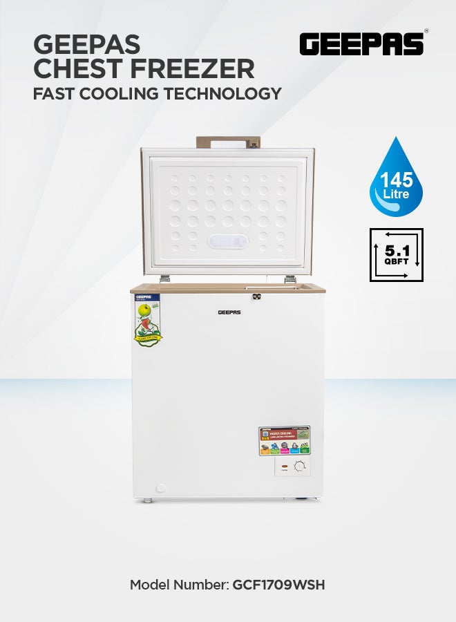 GEEPAS Chest Freezer With Adjustable Thermostat/Portable Food Basket/Compact Refrigerator With LED Light, Lock & Key 145 L 115 W GCF1709WSH White - Image 1