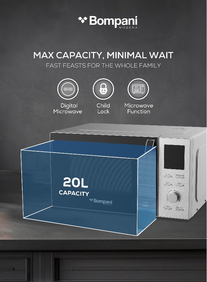 Bompani 20L Digital Microwave Oven 700W LCD Display, 5 Power Levels, Defrost & Reheat Function, Child Lock – ( 1 Year Warranty) 20 L 1100 W BMO20DSI silver - Image 4