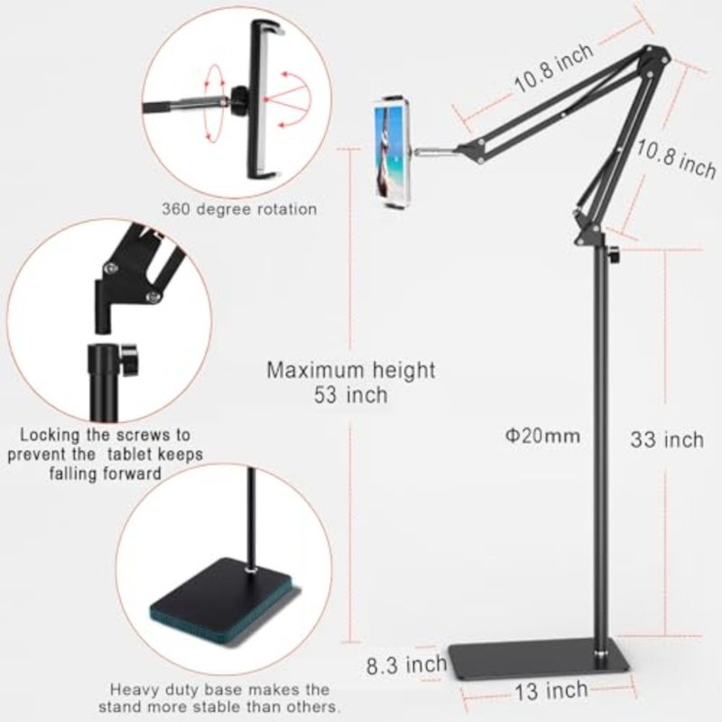 Tablet Floor Stand with 6LB Weight, Overhead Bed phone Stand Angle Height Adjustable Arm Stretchable Stand Holder, Compatible with iPhone iPad Mini Air Pro, Galaxy Tab, Kindle, E-Readers, all Phones - Image 5