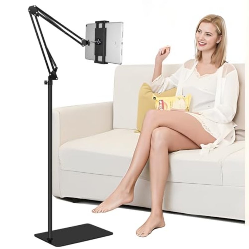 Tablet Floor Stand with 6LB Weight, Overhead Bed phone Stand Angle Height Adjustable Arm Stretchable Stand Holder, Compatible with iPhone iPad Mini Air Pro, Galaxy Tab, Kindle, E-Readers, all Phones - Image 1