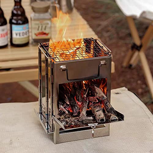 RBRSLALA Portable Wood Burning Camp Stove with Grill - Folding, Backpacking, Box Stove with Fire Blowing Stick and Carrying Bag - Image 1
