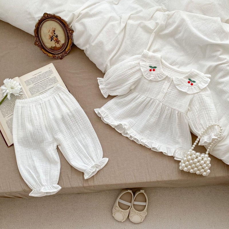 2024 Spring Autumn Cherry Baby Girl Pajama Set White 