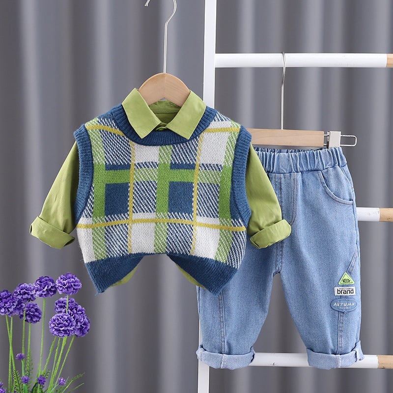 2023 New Boys and Girls Pullover Plaid Sweater Vest Three-Piece Spring and Autumn Childrens Western Style Clothes Childrens Suit 2 3-piece set