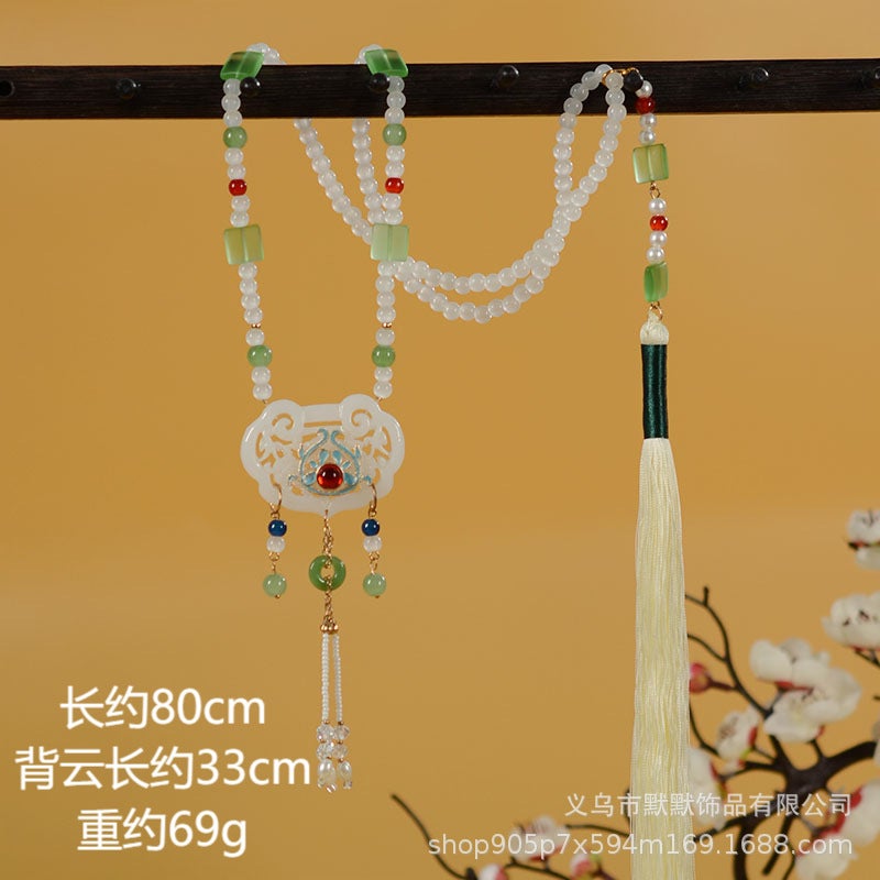 Vintage Hanfu Long Ring Pendants Imitation White Jade Necklace Ming Craft Chinese Dress National Style Sweater Chain Accessories Jinyun 