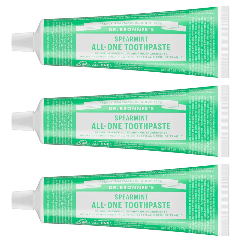 Dr. Bronner's Dr Bronners AllOne Toothpaste Pack of 3 Spearmint 5 oz FluorideFree Toothpaste for Adults SLSFree 70 Organic Natural Ingredients Vegan Helps Freshen Breath Reduce Plaque - Image 2