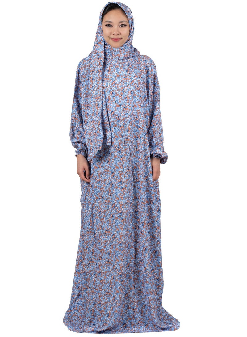 أبشر فستان صلاة بطبعة زهور، طول كامل مع شال، جلابية إسلامية من قطعة واحدة بأكمام طويلة، مقاس واحد