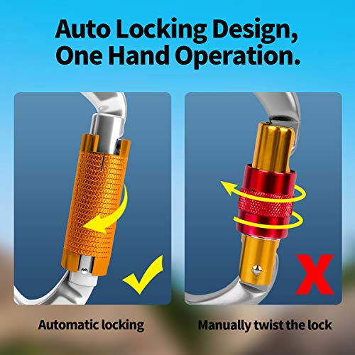 FVW Auto Locking Rock Climbing Carabiner Clips, UIAA Certified Professional 25KN (5620 lbs) Heavy Duty Caribeaners for Rappelling Swing Rescue & Gym etc, Large Carabiners, D-Shaped (silver-2pcs) - Image 3