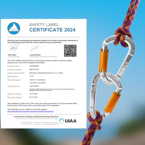 FVW Auto Locking Rock Climbing Carabiner Clips, UIAA Certified Professional 25KN (5620 lbs) Heavy Duty Caribeaners for Rappelling Swing Rescue & Gym etc, Large Carabiners, D-Shaped (silver-2pcs) - Image 2