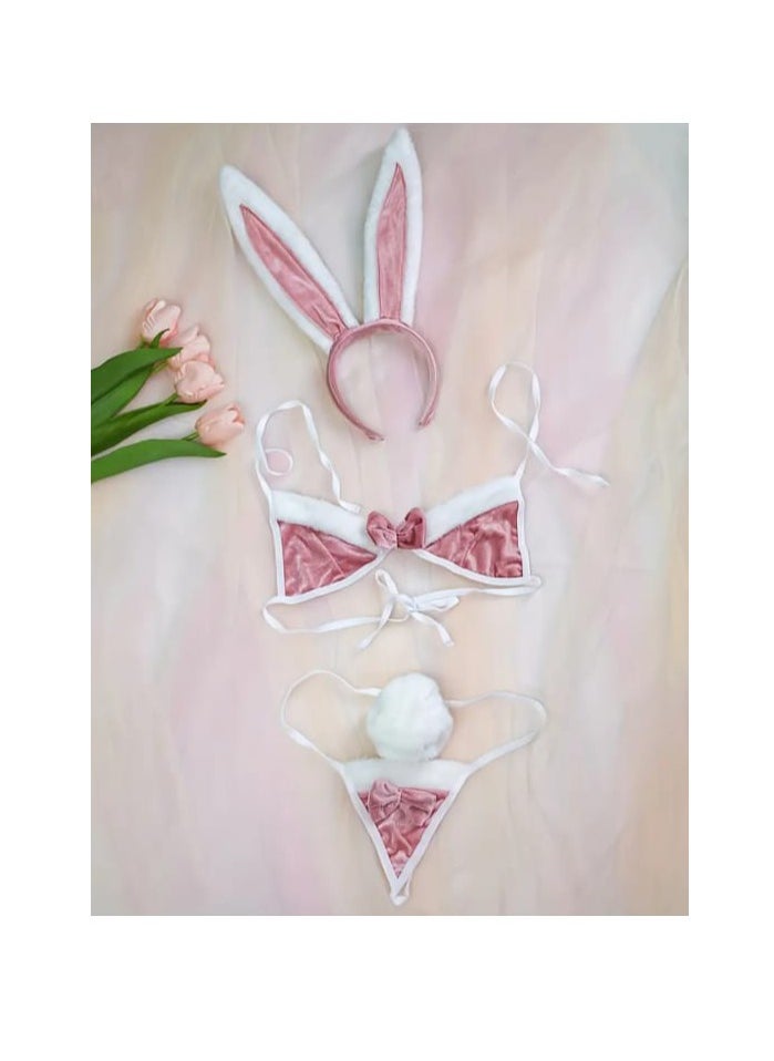 Hanady - Three-Piece Bikini in French Velvet Fabric with High-Quality Lycra, Accented with White Fur - Light Cashmere Color - HN 1035 - Image 1