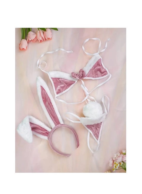 Three-Piece Bikini in French Velvet Fabric with High-Quality Lycra, Accented with White Fur - Light Cashmere Color - HN 1035