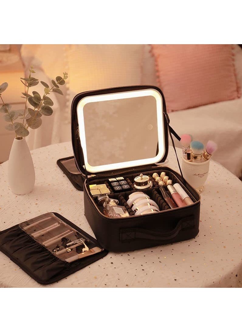 MORANO Makeup Bag with Mirror of LED Lighted , Cosmetic Bag Organizer with Adjustable Dividers (Black)  - Image 1