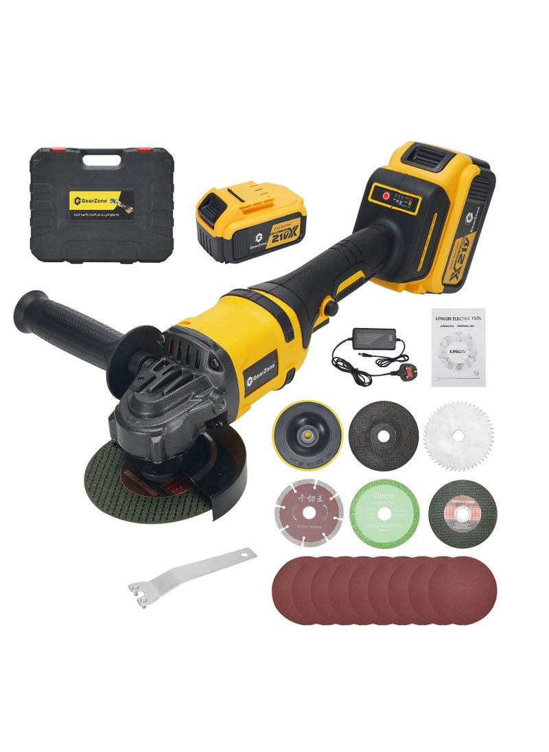 GearZone 21V Cordless Angle Grinder Kit with Brushless Electric Motor, including 2pcs 4.0 AH Batteries,Fast Charger, Easy Handle with Cutting Disc and Grinding Disc in Tool Box  - Image 1