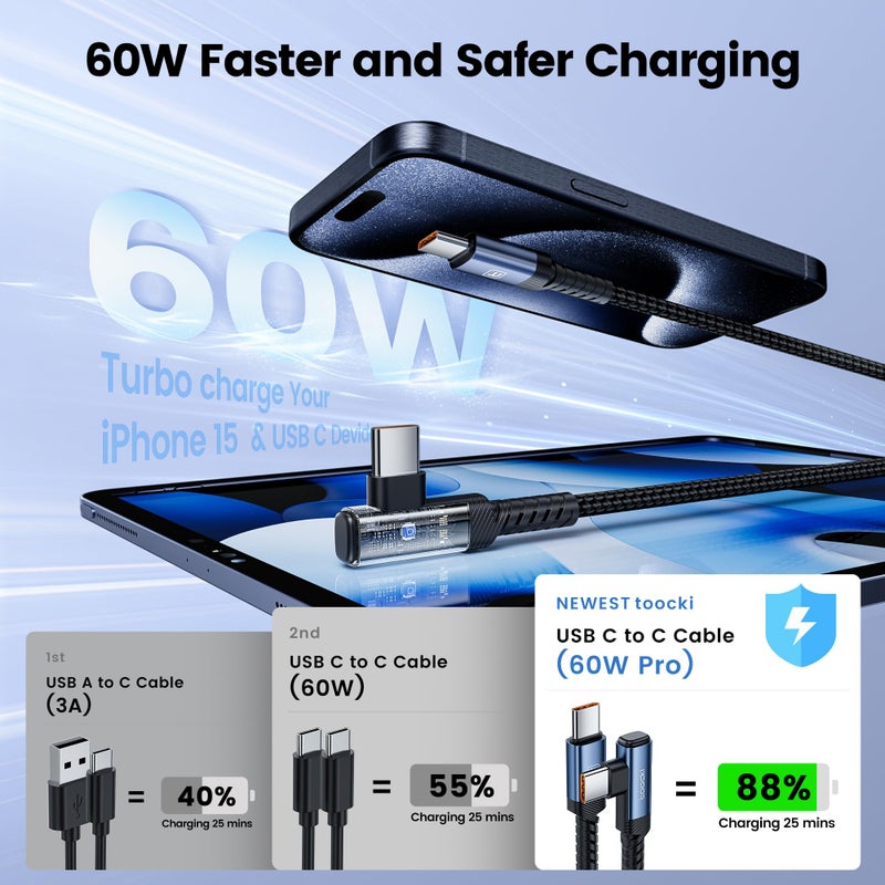 toocki 20FT Right Angle USB C Cable, 60W Extra Long Charging Cord Nylon Braided USB C Charger Cable for iPhone 17 16 15 Pro Plus Pro Max Air, iPad/MacBook, Galaxy S20, Pixel, Switch, Camera - Image 4