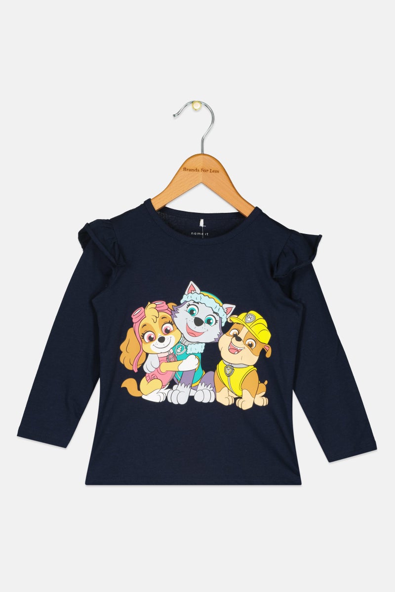 NAME IT بلوزة طويلة الأكمام بطبعة جرافيك للفتيات الصغيرات، لون أزرق داكن - Image 1