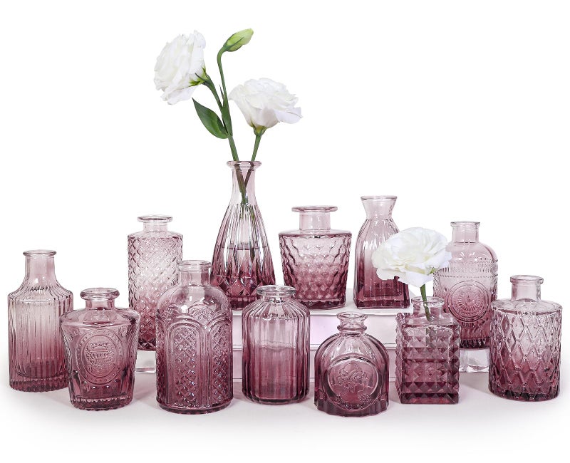 SUPMIND 12pcs Glass Bud Vase Set, Small Purple Flower Vases for Centerpieces in Bulk, Mini Vintage Vase for Wedding, Home,Table Decoration - Image 1