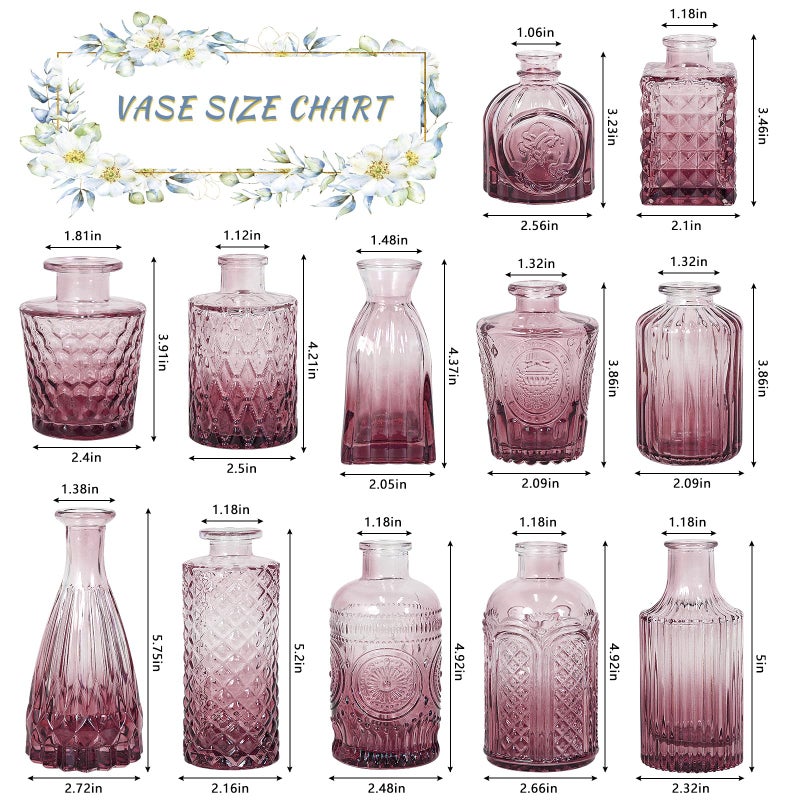 SUPMIND 12pcs Glass Bud Vase Set, Small Purple Flower Vases for Centerpieces in Bulk, Mini Vintage Vase for Wedding, Home,Table Decoration - Image 2