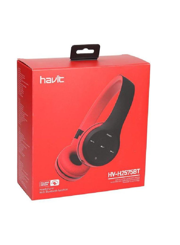 هافيت سماعات رأس لاسلكية قابلة للطي للاتصال بالبلوتوث توضع فوق الأذن باللون الأحمر/الأسود - Image 2