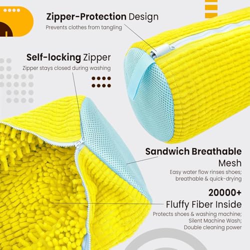 LAXIS® Shoe Washing Machine Bag to Wash Shoes in Washing Machine Shoe Laundry Bags for Sneakers, Reusable Shoe Cleaning Bag for All Shoe Sizes Fluffy Fiber with Side Zip - Yellow - Image 2