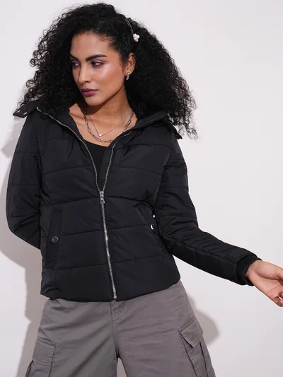 globus Women Mock Neck Front Zip Winter Wear Insulator Puffer Jacket With Detachable Hood