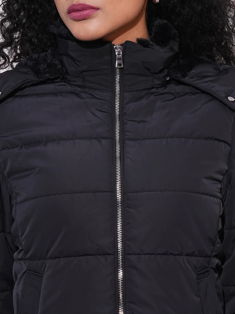globus Women Mock Neck Front Zip Winter Wear Insulator Puffer Jacket With Detachable Hood