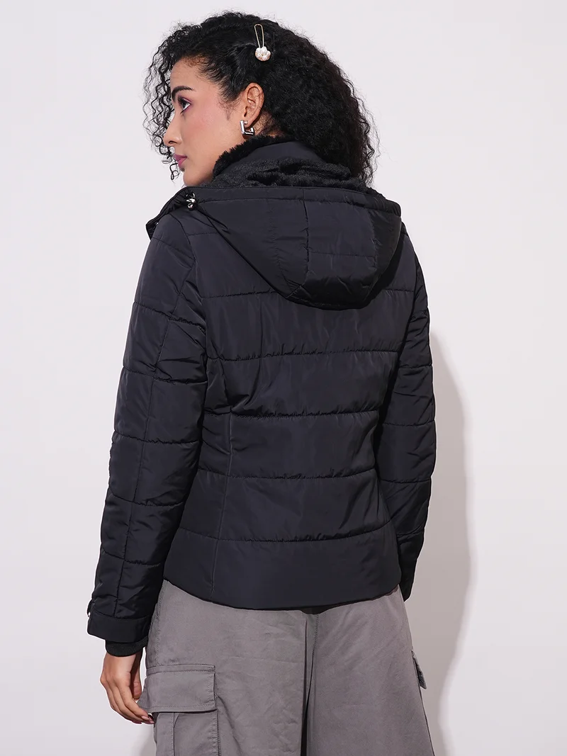 globus Women Mock Neck Front Zip Winter Wear Insulator Puffer Jacket With Detachable Hood
