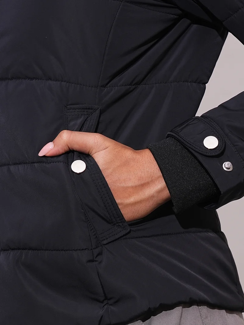 globus Women Mock Neck Front Zip Winter Wear Insulator Puffer Jacket With Detachable Hood