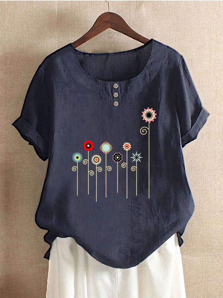new cotton and linen women's multi-color floral print decorative button loose casual round neck short sleeve t-shirt - Image 3