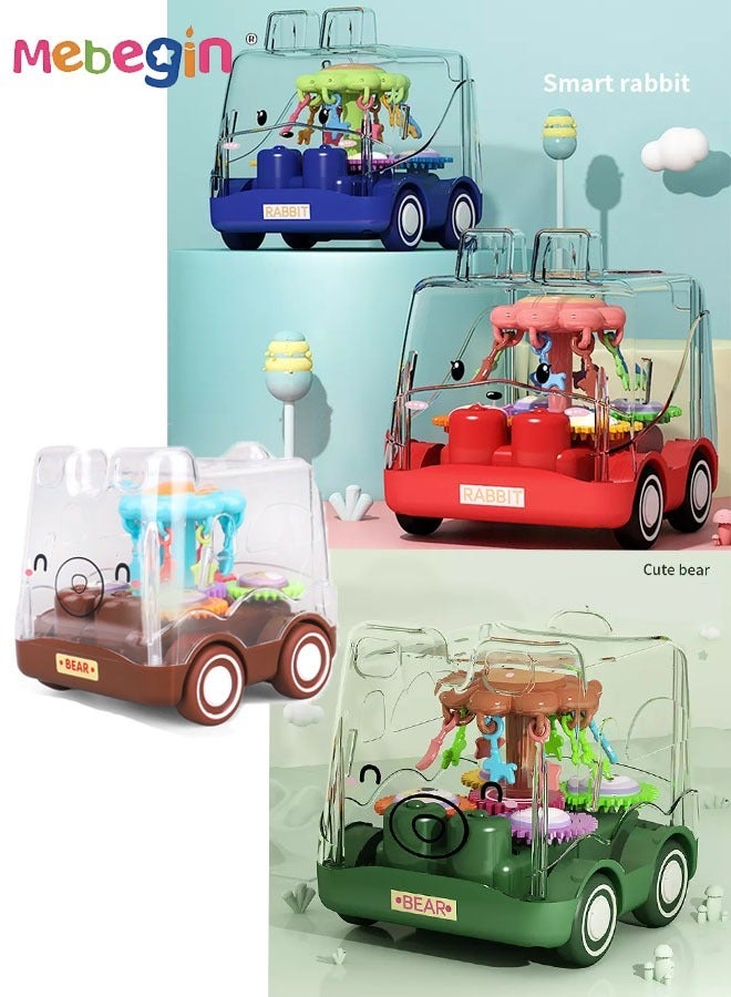 ميبيجين 4 قطع من ألعاب سحب التروس، سيارة لعبة شفافة مع تروس متحركة ملونة مرئية، حافلة سحب ذات جمود حيواني كرتوني، لعبة مركبة رائعة للأطفال، تحفز الإبداع وتنسيق اليد والعين، مصنوعة من مادة أكريلونتريل بوتادين ستايرين عالية الجودة، خالية من مادة البيسفينول أ. - Image 1