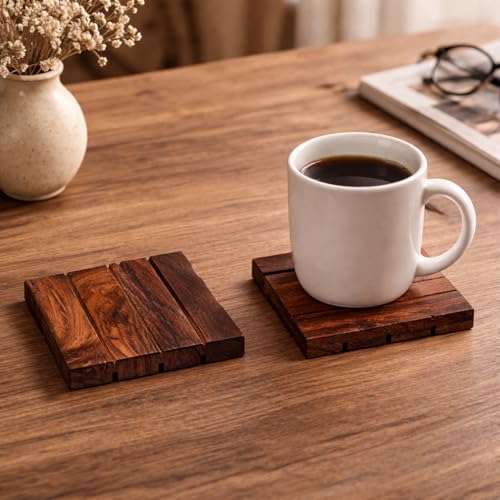 Hashcart Natural Sheesham Wood Coasters for Beer Cans/Coffee Mugs (Set of 6) - Image 1