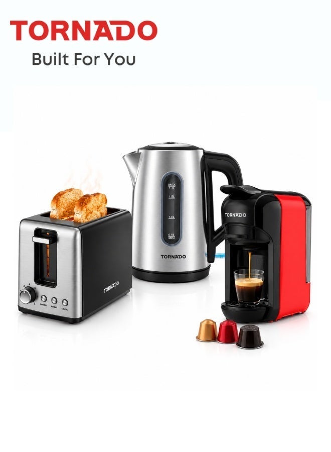 Tornado Back To School Bundle Breakfast Set 3 In 1 Capsule Coffee Machine 4 In 1 Multi Tac 516K R Kettle Stainless Steel Tke01411 Gs Toaster 2 Slice Tta01118 Gs
