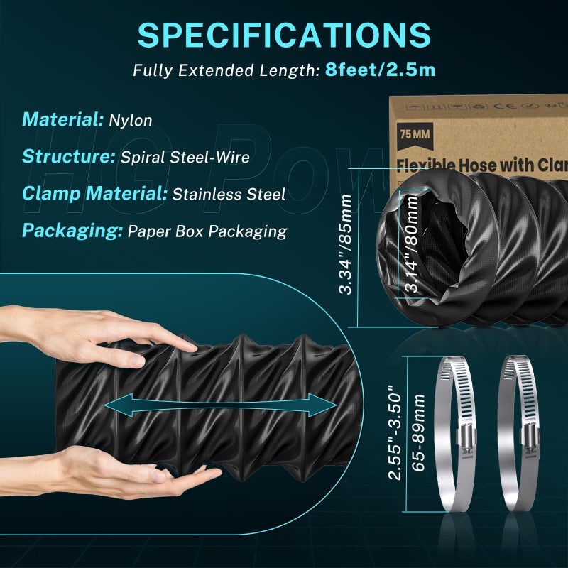 HG Power Diesel Heater Hose, 3" X 8FT Flexible Nylon Duct Exhaust Pipe, 3 Inch Diesel Heater Ducting Accessories for Diesel Heaters, RV, Tent, Truck, Camping - Image 4