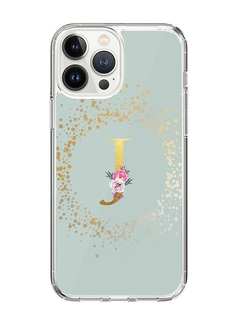 Classic Clear Case For iPhone 14 Pro Max, Hybrid Soft Case Thin Cover- Custom Monogram Initial Letter Floral Pattern Alphabet - J(Light Green)