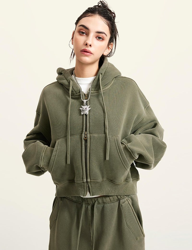 Gihuo Women's Zip Up Hoodie, Cropped Acid Wash Double Zipper Short Sweatshirt (US, Alpha, X-Large, Regular, Regular, ArmyGreen) - Image 4