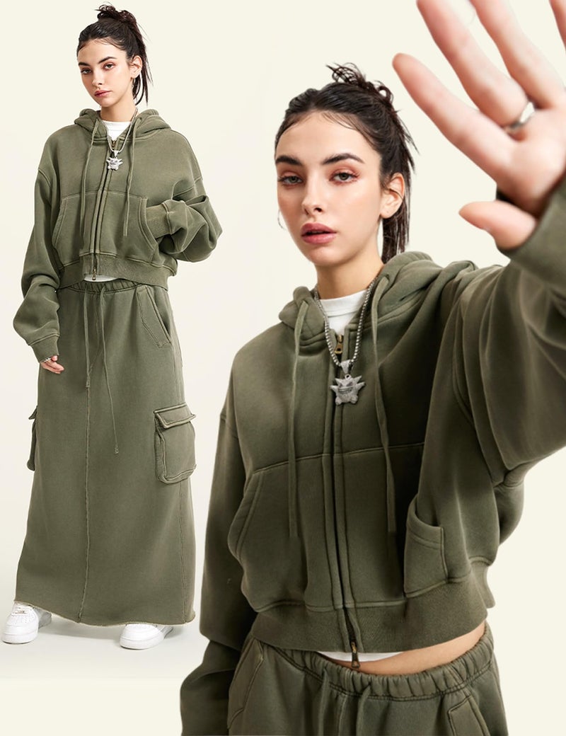 Gihuo Women's Zip Up Hoodie, Cropped Acid Wash Double Zipper Short Sweatshirt (US, Alpha, X-Large, Regular, Regular, ArmyGreen) - Image 3
