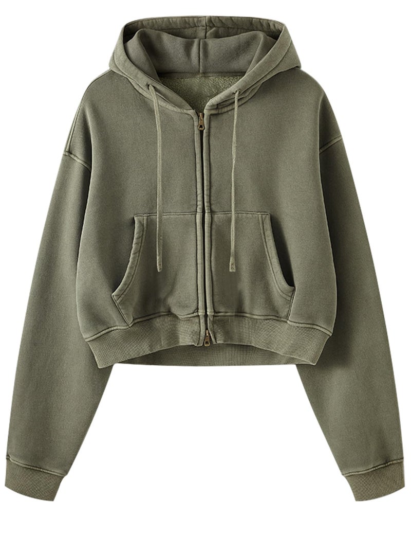 Gihuo Women's Zip Up Hoodie, Cropped Acid Wash Double Zipper Short Sweatshirt (US, Alpha, X-Large, Regular, Regular, ArmyGreen) - Image 1