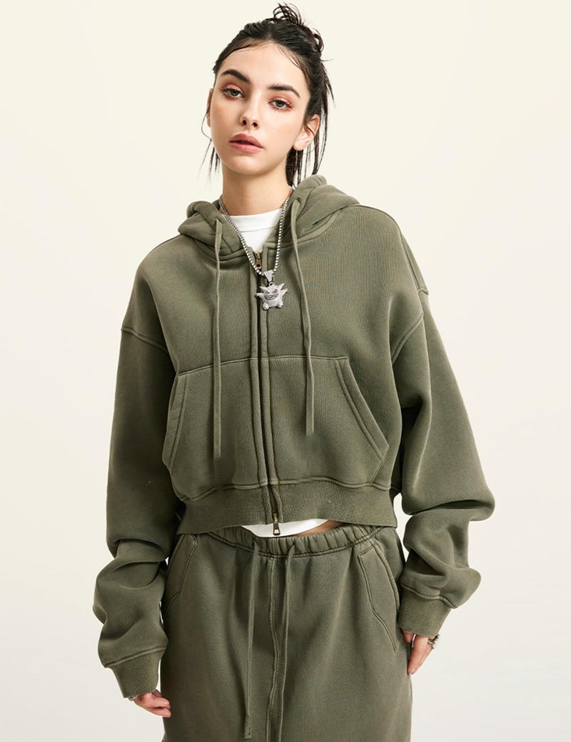 Gihuo Women's Zip Up Hoodie, Cropped Acid Wash Double Zipper Short Sweatshirt (US, Alpha, X-Large, Regular, Regular, ArmyGreen) - Image 2