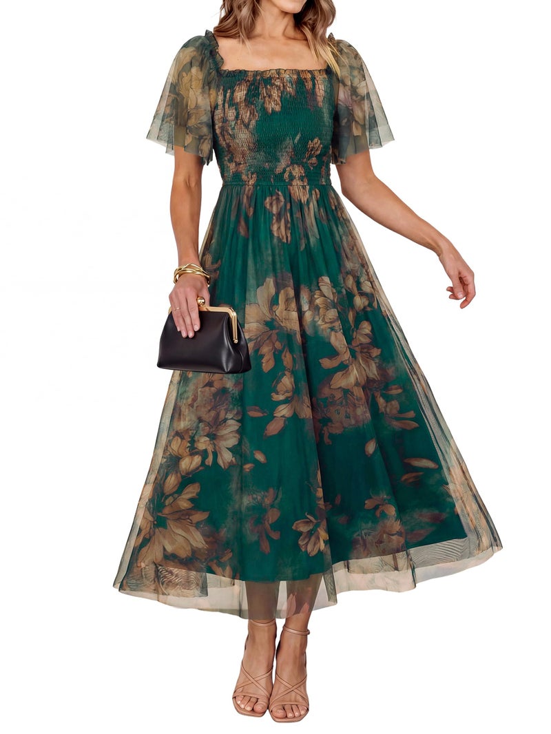 Simplee Womens Floral Maxi Dresses 2026 Summer Smocked Empire Waist Square Neck Short Sleeve Wedding Guest Party Dress - Image 1
