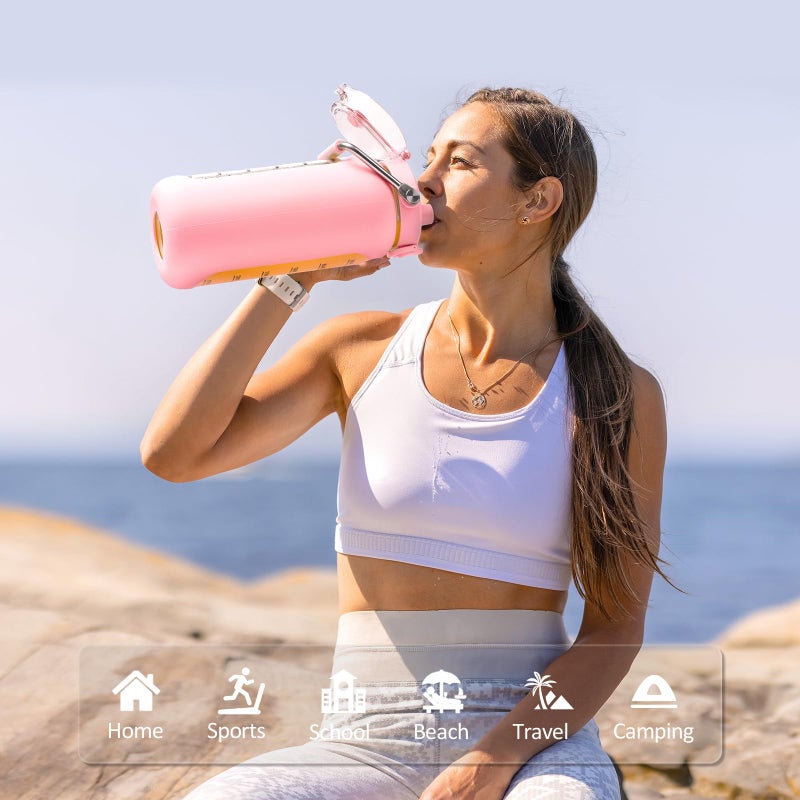 BLUEGO 2000ml Glass Water Bottle with Stainless Steel Handle and Time Marker Motivation Glass 2L with Silicone Sleeve and Straw for Gym Office Outdoor Sport Water Bottles BPA Free Pink - Image 2