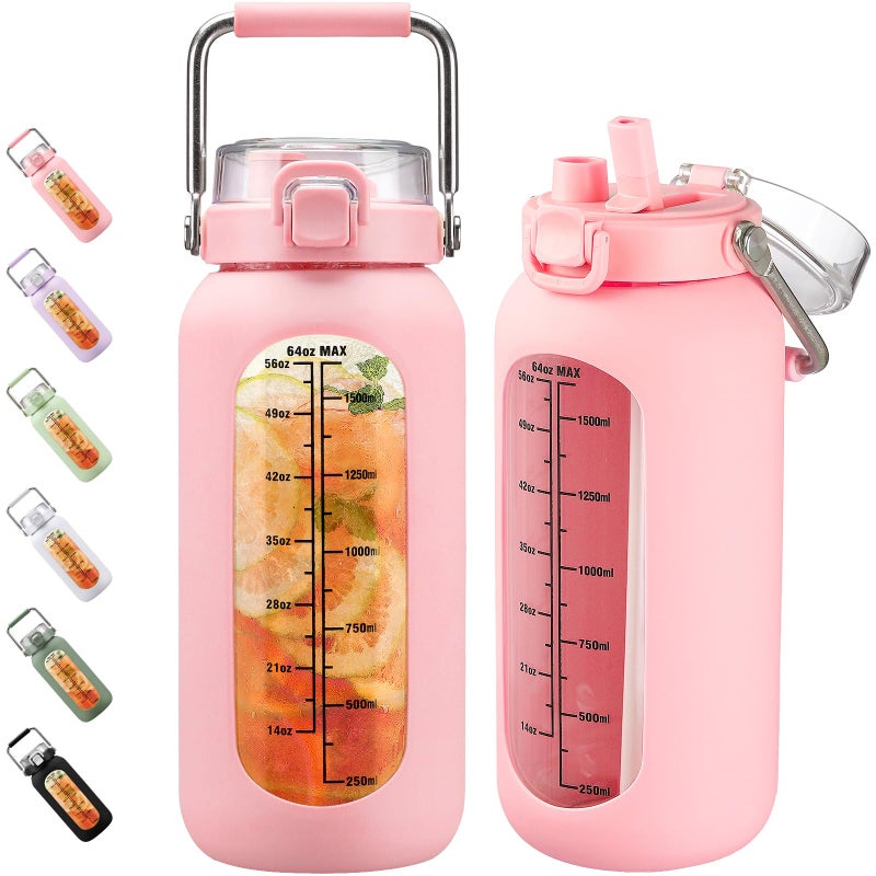 BLUEGO 2000ml Glass Water Bottle with Stainless Steel Handle and Time Marker Motivation Glass 2L with Silicone Sleeve and Straw for Gym Office Outdoor Sport Water Bottles BPA Free Pink - Image 1