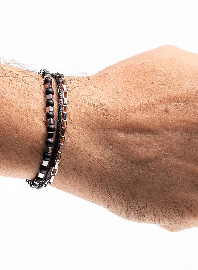 CHRYSOSTOMOS Handmade Adjustable Beaded Multi-Line Bracelet with Onyx, Squared Hematite, Cords and Braided Chain