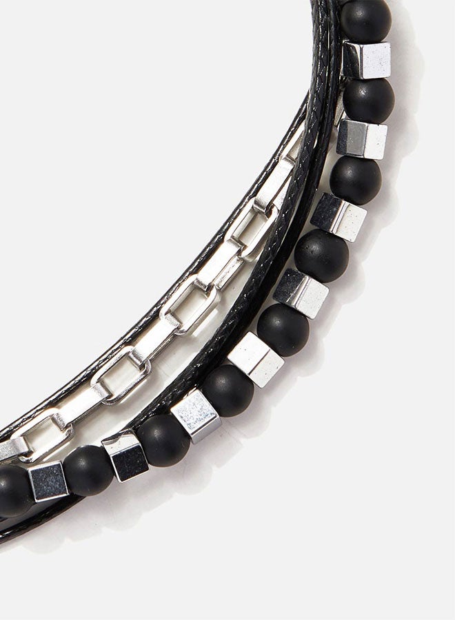 CHRYSOSTOMOS Handmade Adjustable Beaded Multi-Line Bracelet with Onyx, Squared Hematite, Cords and Braided Chain - Image 2